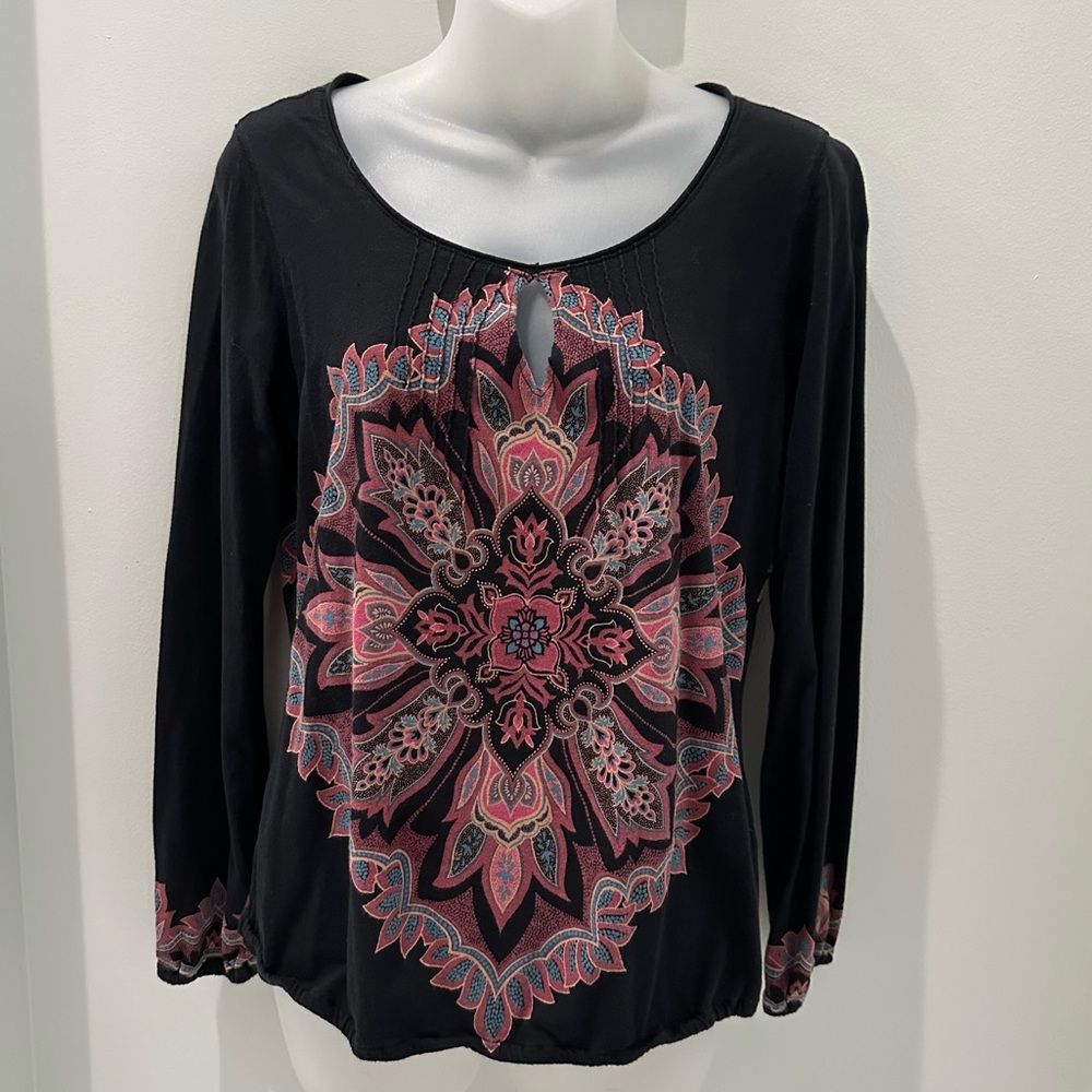 Lucky Brand Black Long Sleeve Top with Floral Design size Medium